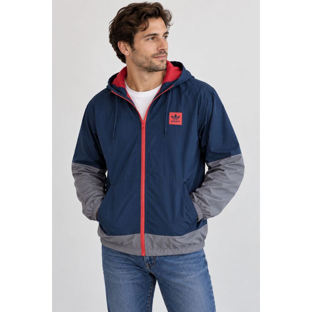 Adidas Originals Wind 2.0 Windbreaker Hooded Jacket Zip Front Blue Grey Large